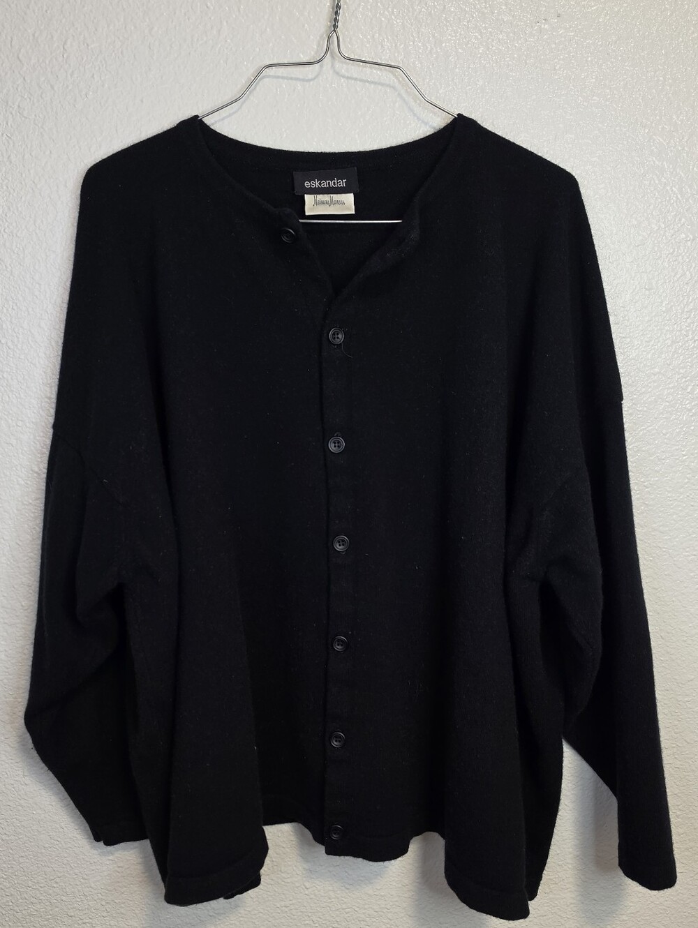 Eskandar Cashmere Slim-Sleeve Cardigan Sweater Black Oversized Lagenlook